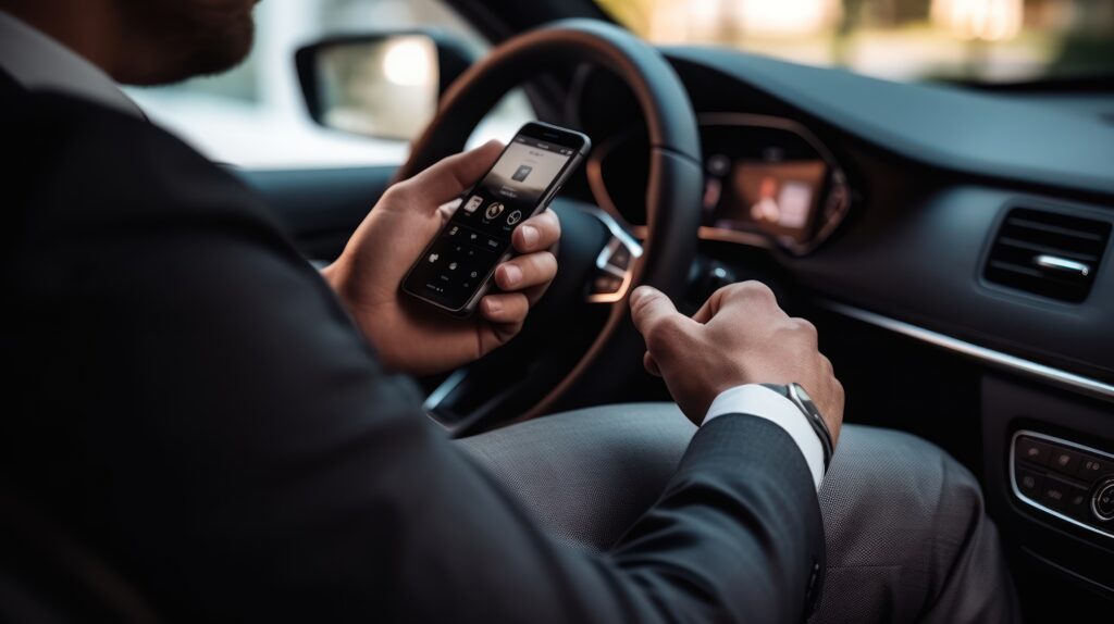 closeup businessman text smartphone luxury car