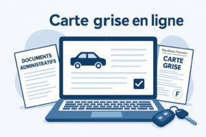 Illustration d’une demande de carte grise en ligne sur ordinateur portable avec documents et clés de voiture
