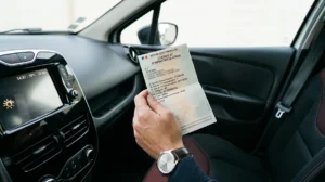 Main tenant carte grise Renault Clio 4 dans un intérieur de voiture moderne