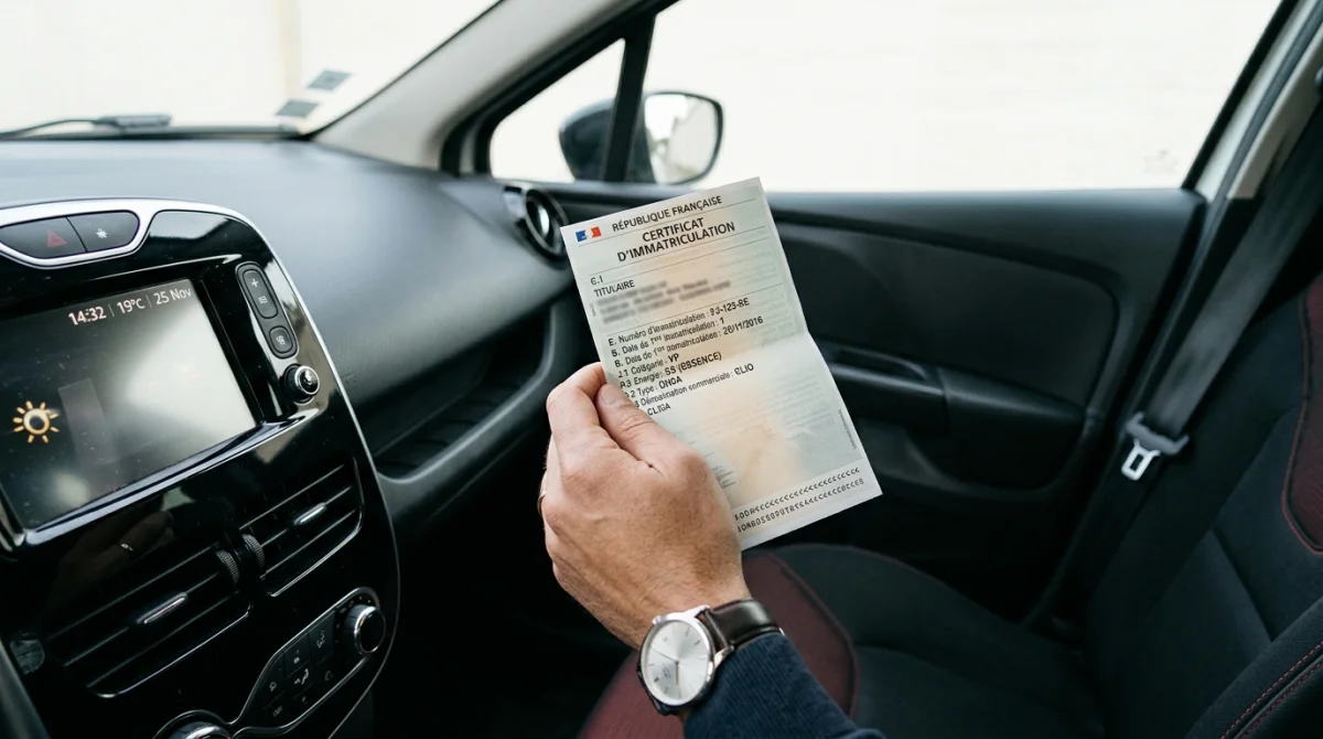 Main tenant carte grise Renault Clio 4 dans un intérieur de voiture moderne