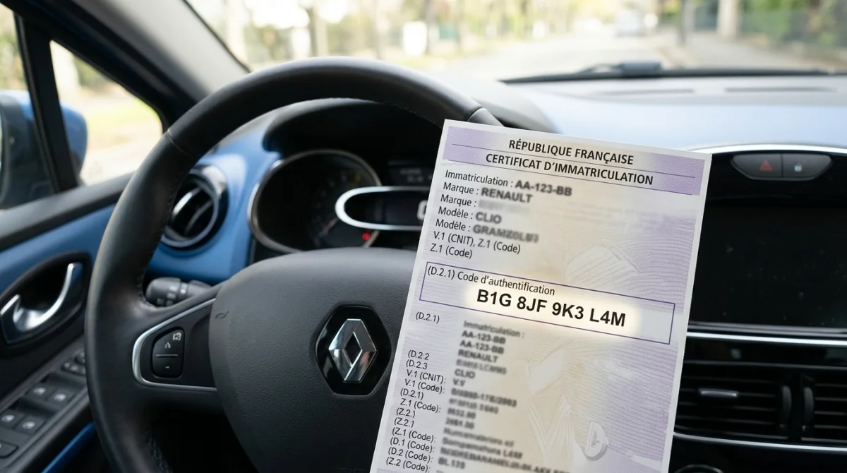 Carte grise Clio 4 avec code d'authentification visible sur tableau de bord