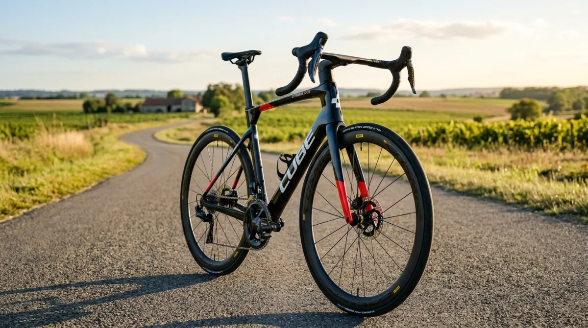 Vélo de course Cube Litening C68X Race 2023 Dura Ace, vue de face aéro sur route de campagne ensoleillée.