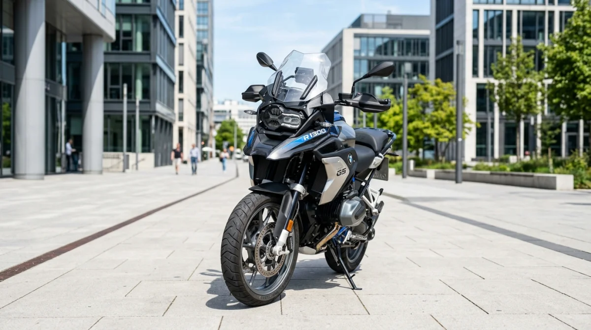 Moto BMW moderne avec boîte automatique en milieu urbain, vue de face.
