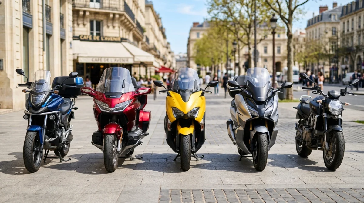 Sélection de motos à boîte automatique modernes et colorées dans un showroom lumineux.