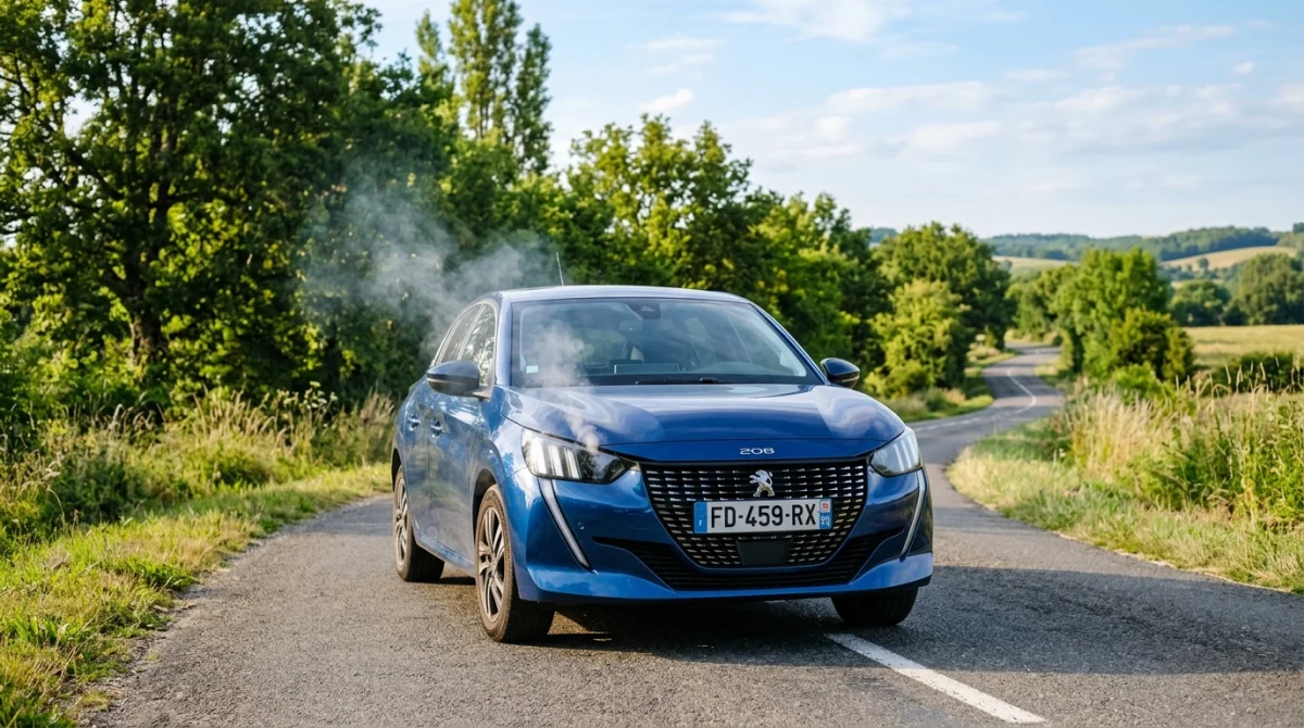 Peugeot moderne fumant légèrement du capot sur route de campagne ensoleillée