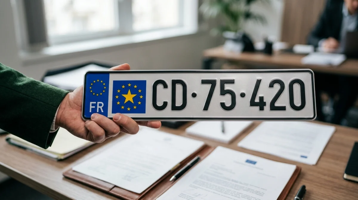 Main tenant une plaque diplomatique européenne sur un bureau moderne