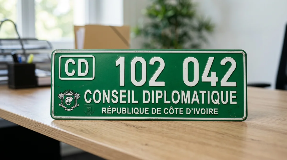 Plaque diplomatique verte avec texte blanc sur fond neutre