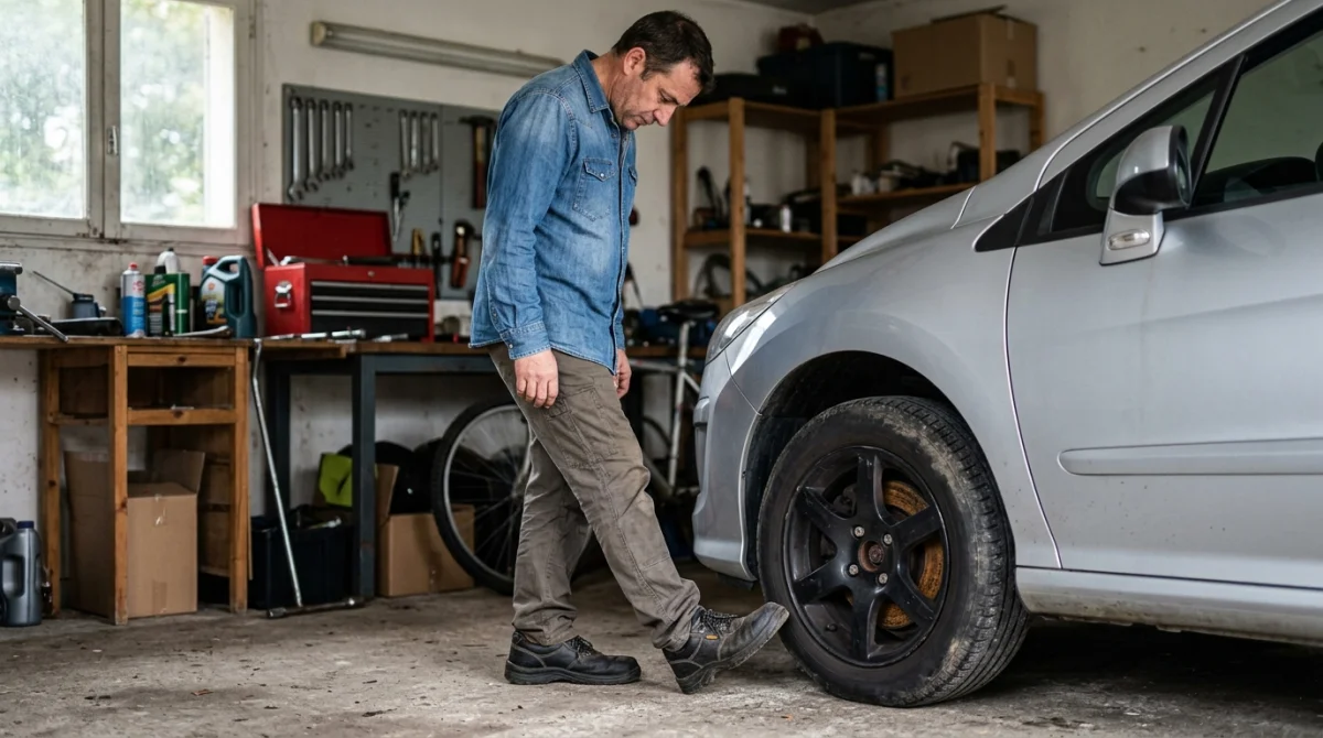 Conducteur inspectant une roue de voiture, signe potentiel de besoin de nouveaux freins.