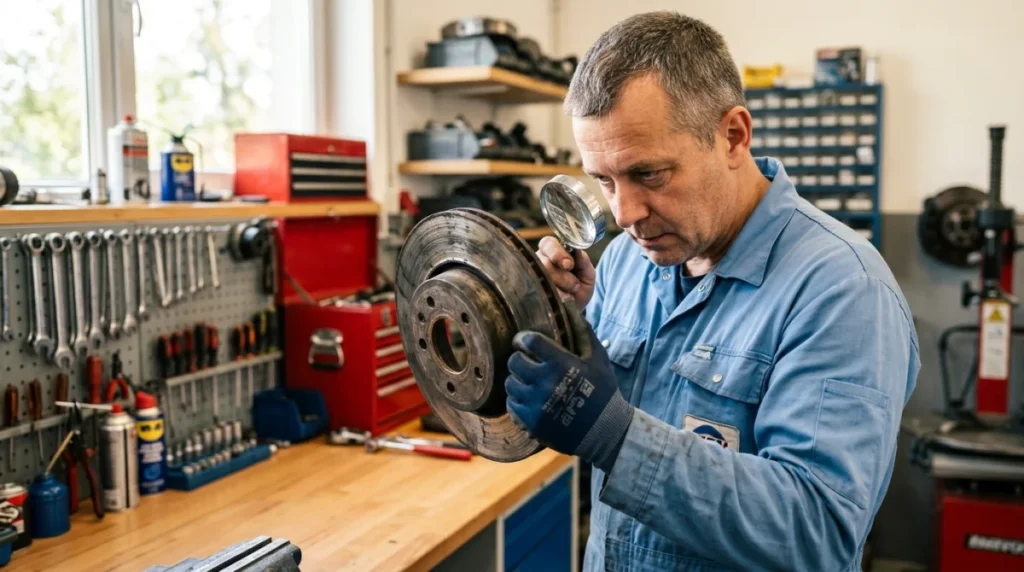 Mécanicien examinant un disque de frein voilé, signe d'usure nécessitant un remplacement.