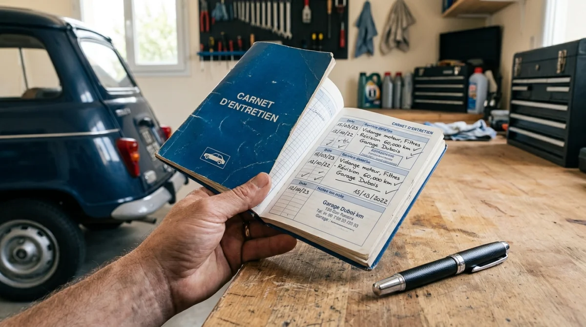 Carnet d'entretien de voiture ouvert avec stylo, indiquant la fréquence de vidange d'huile.