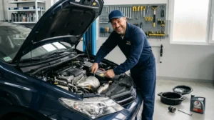 Mécanicien effectuant une vidange d'huile sur une voiture essence dans un garage moderne.