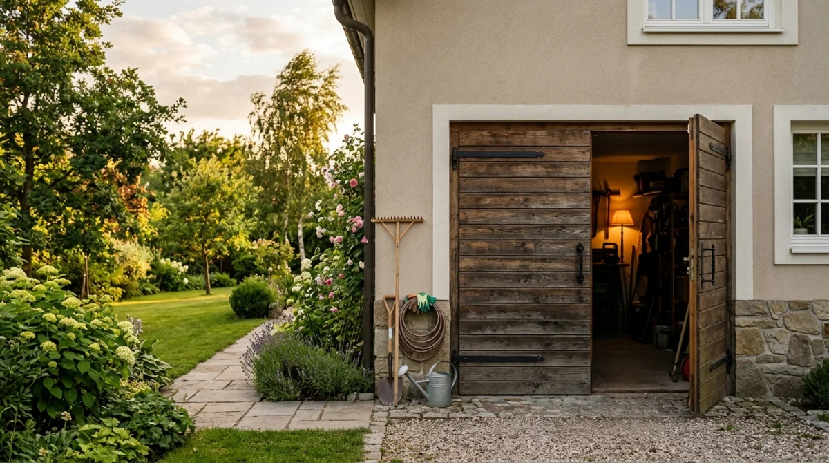 Porte de garage en bois ouverte sur jardin verdoyant, ambiance paisible et intime.