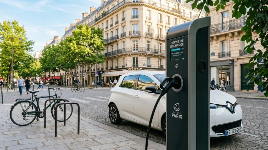 Borne de recharge électrique gratuite à Paris, rue ensoleillée avec immeubles haussmanniens
