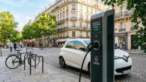 Borne de recharge électrique gratuite à Paris, rue ensoleillée avec immeubles haussmanniens