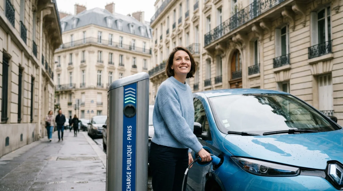 Femme chargeant une voiture électrique à une borne gratuite à Paris, immeubles haussmanniens
