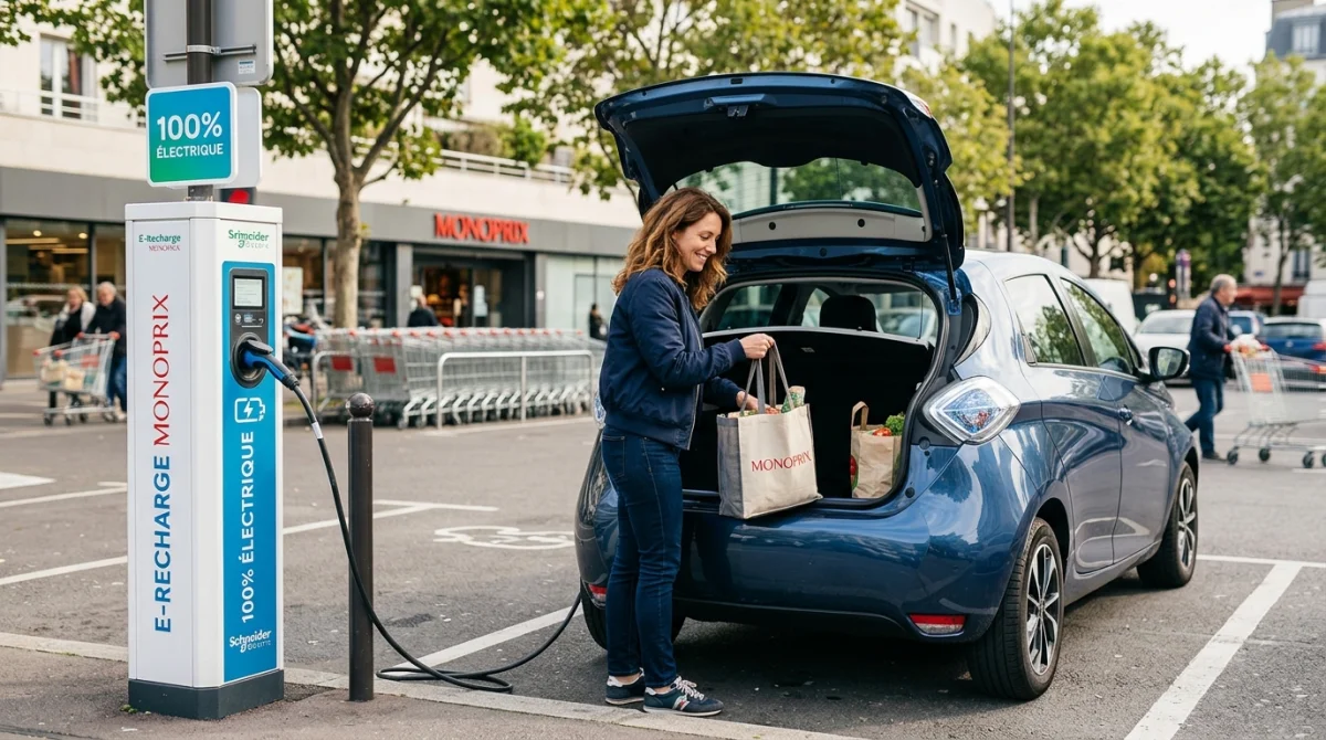 Femme chargeant voiture électrique bleue sur borne gratuite à Paris, parking supermarché.