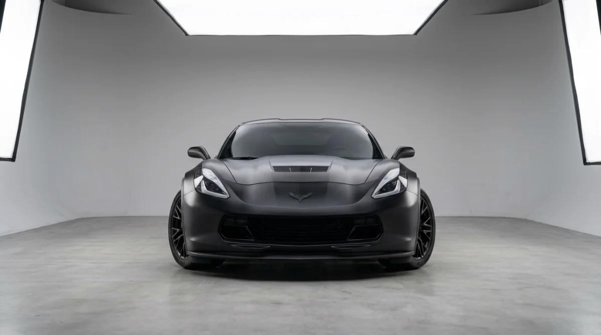 Voiture noire mate avec covering professionnel, vue de face en studio photo