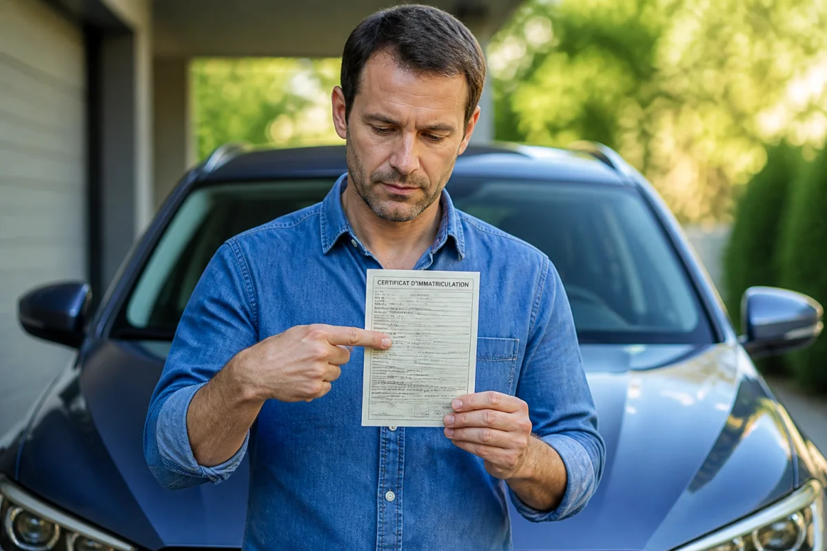 Personne examinant une carte grise devant le capot d'une voiture pour identifier sa finition précise.