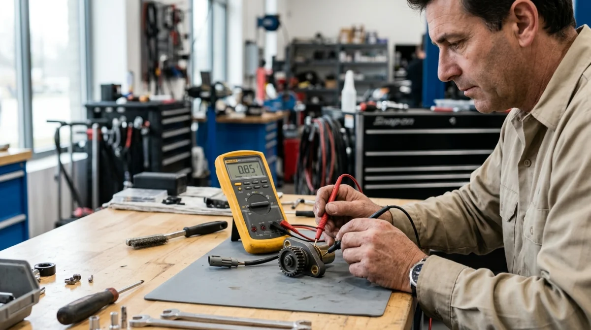 Mécanicien utilisant un multimètre pour tester la tension d'un capteur de vilebrequin sur un établi d'atelier.