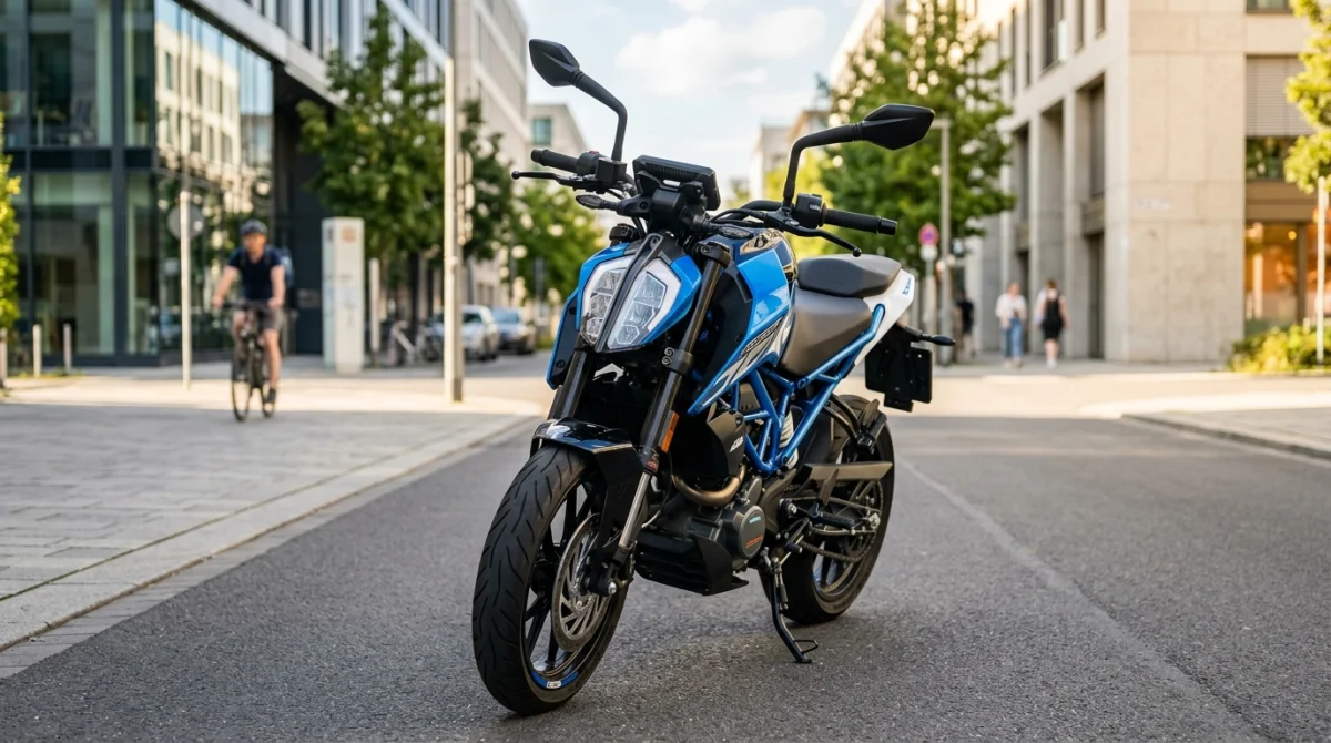 Moto 125 pas chère moderne et élégante stationnée dans une rue urbaine ensoleillée pour un look dynamique.