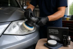 Mains gantées utilisant un tampon de polissage pour nettoyer et rénover un phare de voiture dans un garage.
