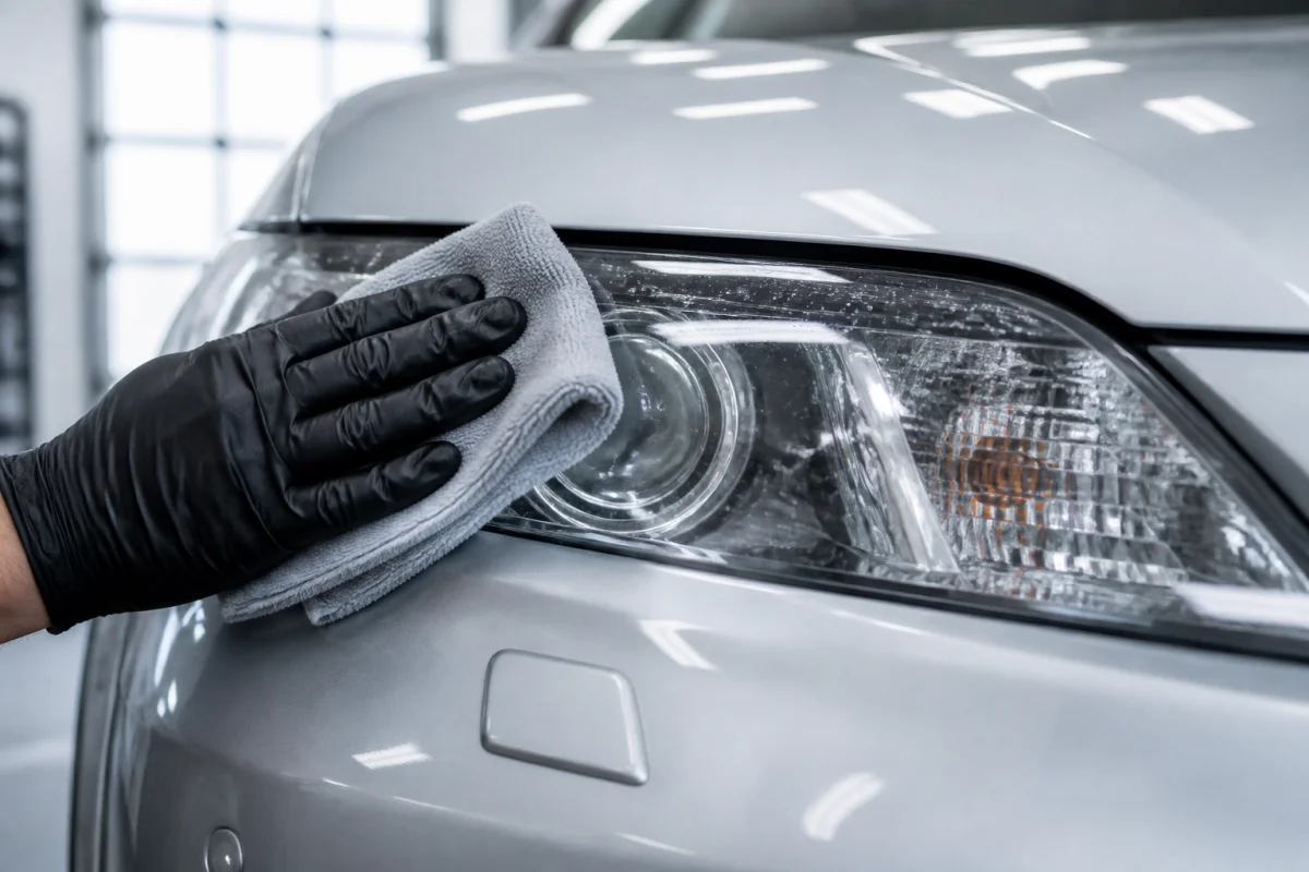 Gros plan sur une main polissant délicatement un phare de voiture avec un chiffon pour illustrer comment nettoyer les phares.