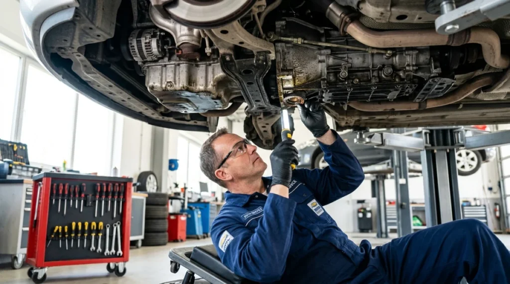 Mécanicien inspectant le joint spi de vilebrequin sur un moteur automobile dans un garage professionnel bien équipé.