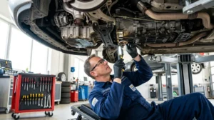 Mécanicien inspectant le joint spi de vilebrequin sur un moteur automobile dans un garage professionnel bien équipé.