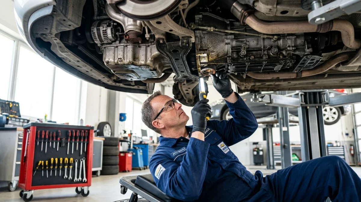 Mécanicien inspectant le joint spi de vilebrequin sur un moteur automobile dans un garage professionnel bien équipé.