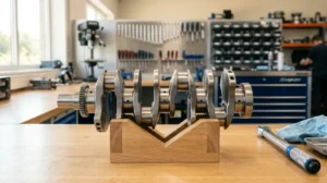 Vilebrequin moteur haute performance en acier poli posé sur un établi dans un atelier de mécanique moderne.