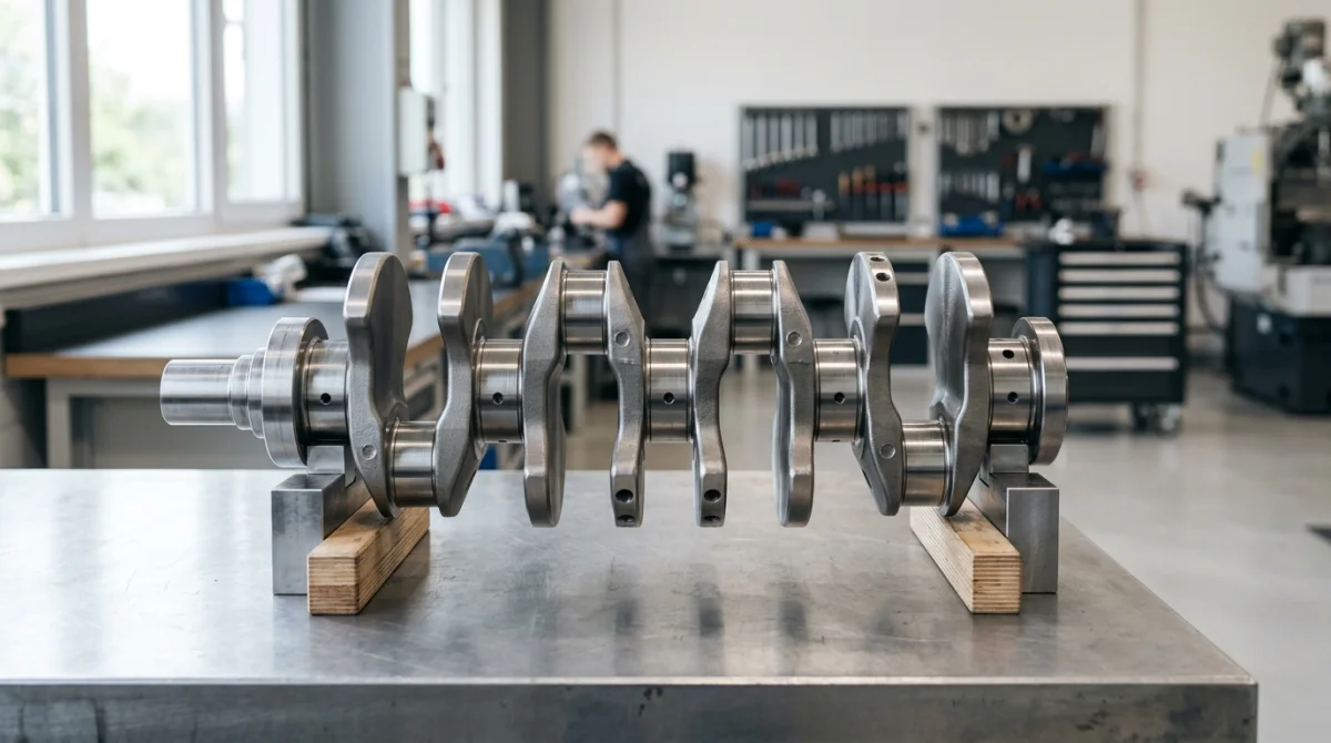 Vilebrequin moteur industriel en acier poli, détaillé avec précision dans un atelier de mécanique moderne et lumineux.