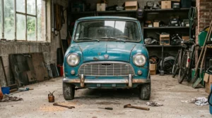 Petite voiture sans permis ancienne et usée garée dans un garage, idéale pour un projet de restauration économique.