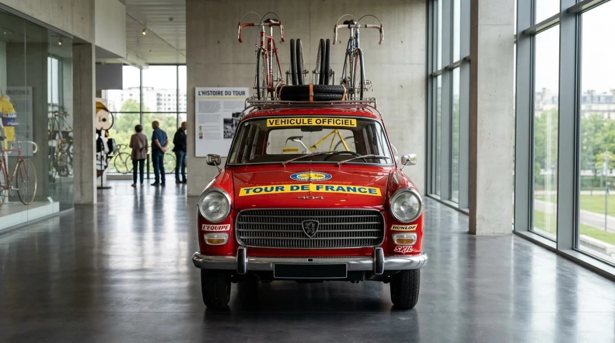 Voiture vintage emblématique du Tour de France exposée dans un musée moderne, illustrant que deviennent les voitures du Tour.