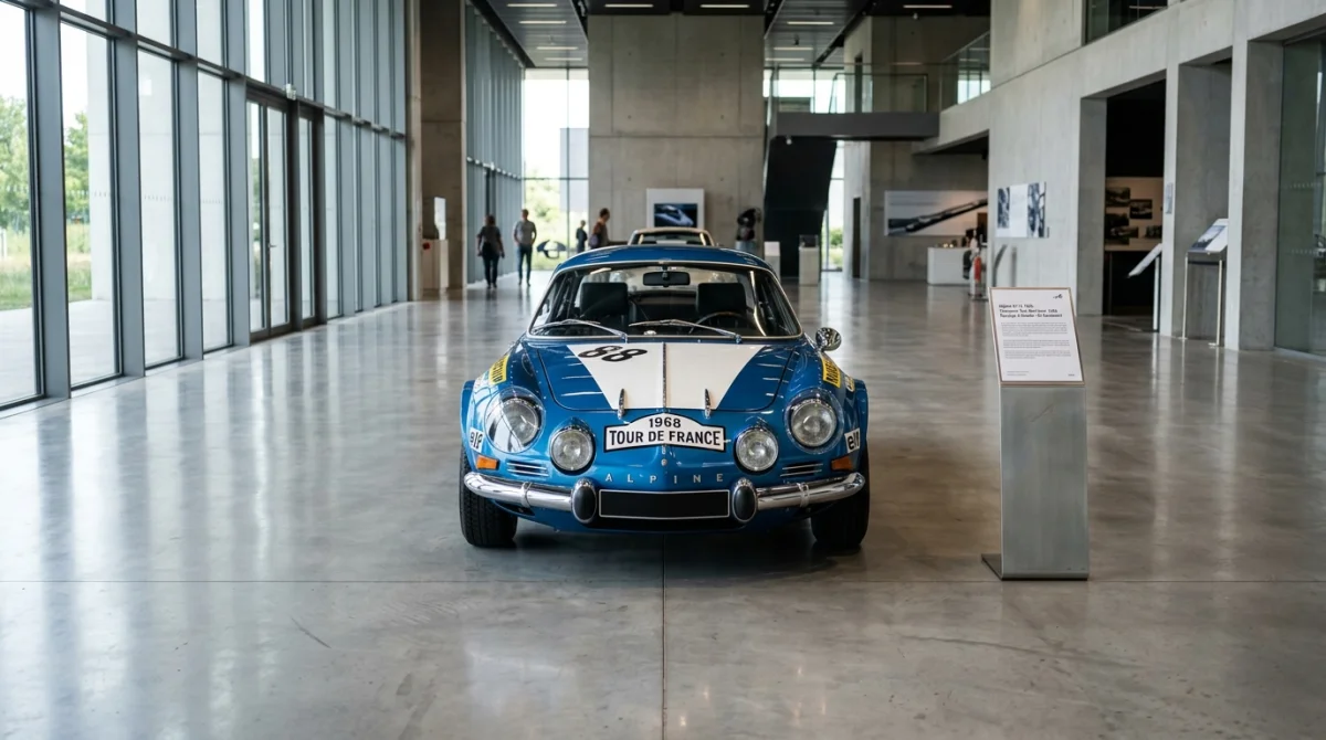 Voiture mythique du Tour de France restaurée et exposée dans un musée automobile moderne et lumineux.