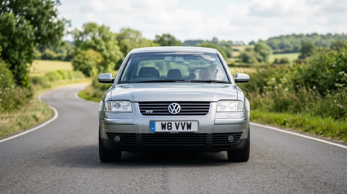 Vue frontale d'une Volkswagen Passat W8 à la carrosserie impeccable stationnée dans un paysage naturel.