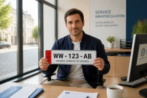Homme tenant une plaque d'immatriculation temporaire allemande dans un bureau administratif pour illustrer comment acheter une voiture en Allemagne.
