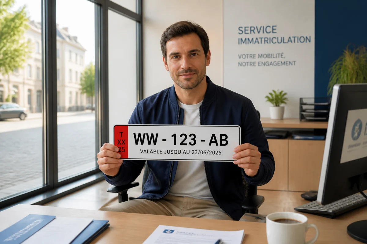 Homme tenant une plaque d'immatriculation temporaire allemande dans un bureau administratif pour illustrer comment acheter une voiture en Allemagne.