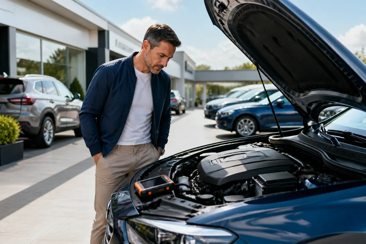 Un acheteur inspectant le moteur d'une berline moderne lors d'une visite pour acheter une voiture en Allemagne.