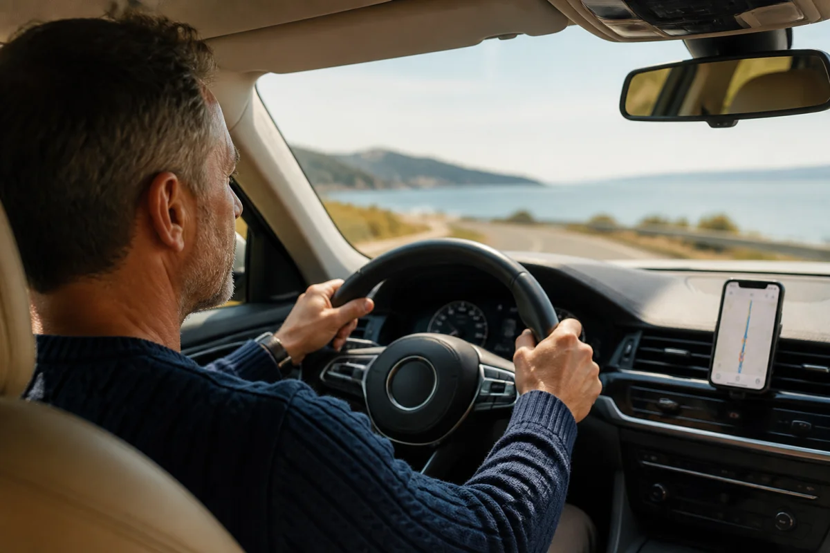 Conducteur utilisant un smartphone sur support pour naviguer avec Waze en voiture sur une route côtière ensoleillée.