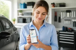 Une femme souriante utilise une application mobile pour calculer la consommation de carburant de sa voiture dans un garage.