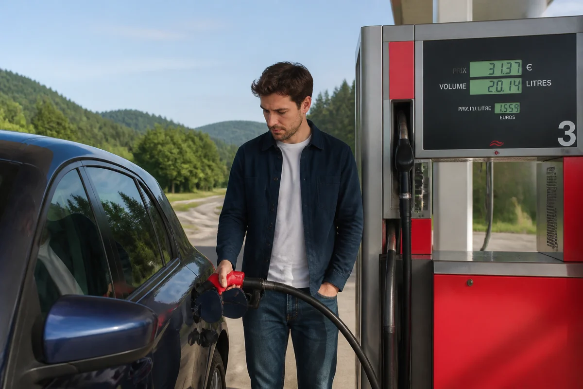 Conducteur faisant le plein d'une citadine moderne en station-service pour calculer la consommation d'une voiture.