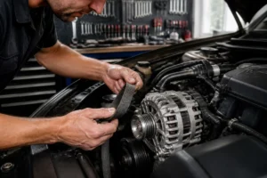 Mécanicien professionnel inspectant visuellement la courroie et l'alternateur pour apprendre comment tester un alternateur de voiture.