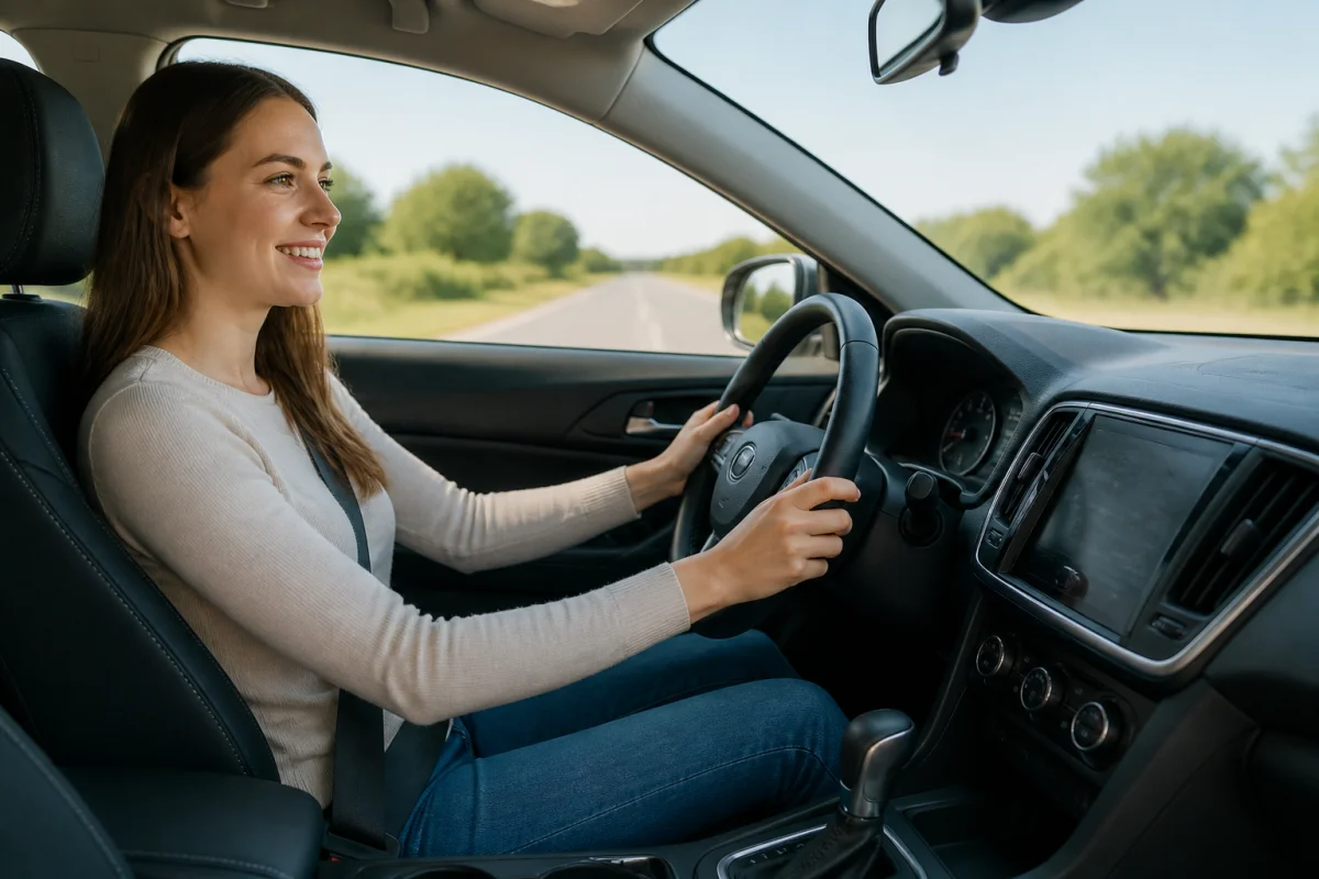 Conducteur souriant et confiant au volant d'une voiture automatique moderne sur une route calme et ensoleillée.