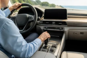 Conducteur posant la main sur le levier de vitesse d'une voiture automatique face à une route côtière ensoleillée.