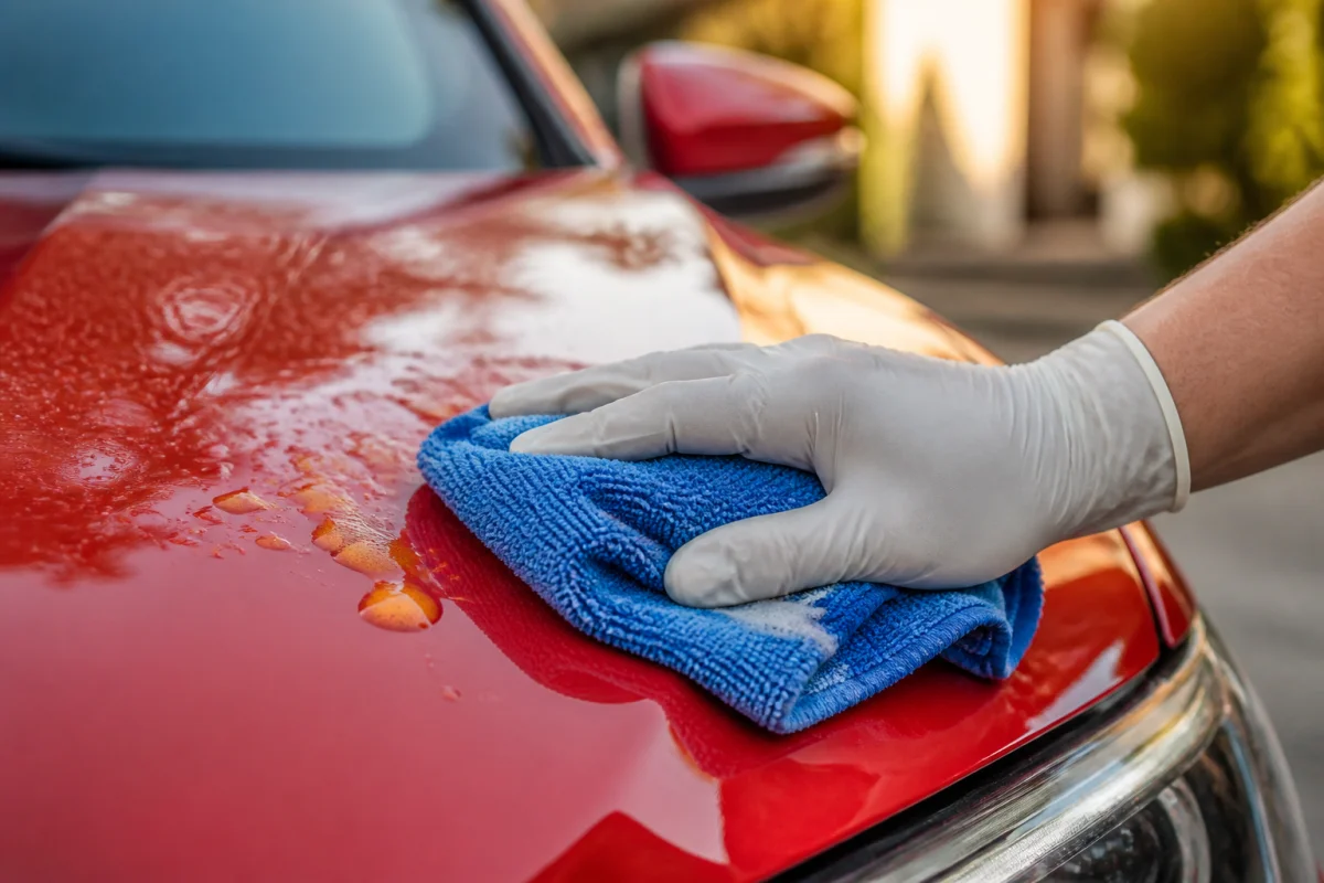 Main gantée nettoyant délicatement une tache de résine sur une carrosserie automobile avec un chiffon en microfibre bleu.