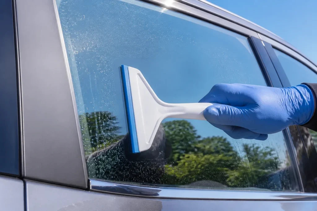 Main gantée utilisant une raclette en plastique pour nettoyer la résine sur une vitre de voiture.