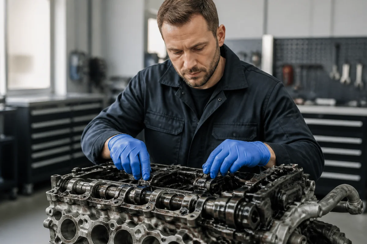 Mécanicien expert en gants bleus inspectant un moteur de voiture encrassé par l'huile dans un garage professionnel.