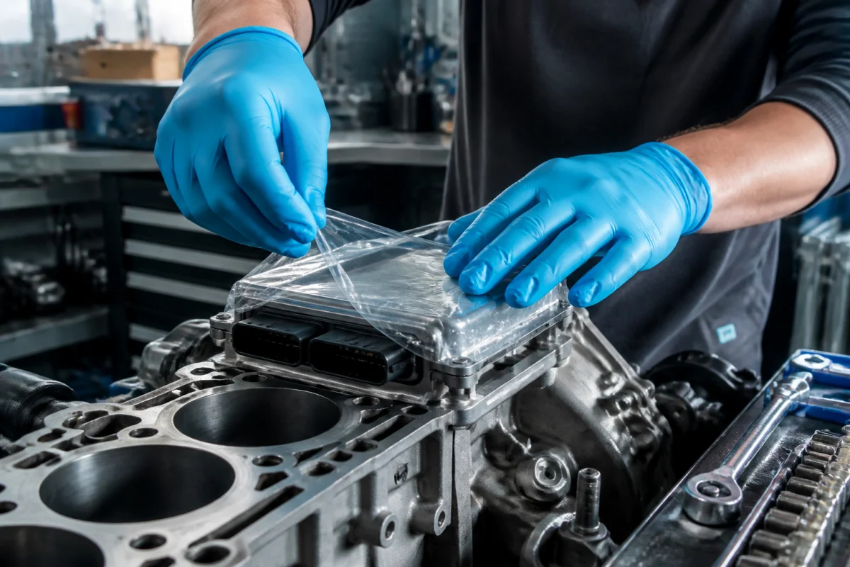 Mains gantées de bleu protégeant méticuleusement un boîtier électronique avec du film plastique avant de nettoyer un moteur.