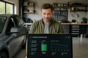 Technicien examinant les données de capacité d'une batterie pour évaluer combien coûte une batterie de voiture électrique.