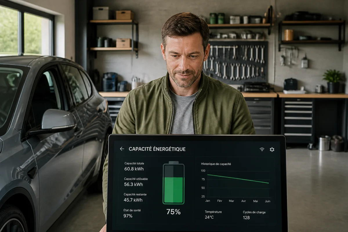 Technicien examinant les données de capacité d'une batterie pour évaluer combien coûte une batterie de voiture électrique.